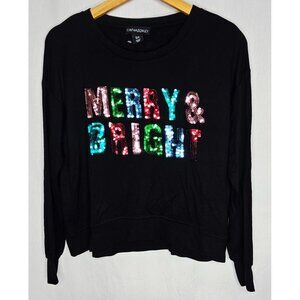 Cynthia Rowley Womens Black Long Sleeve Top With Colorful Sequin "Merry & Bright